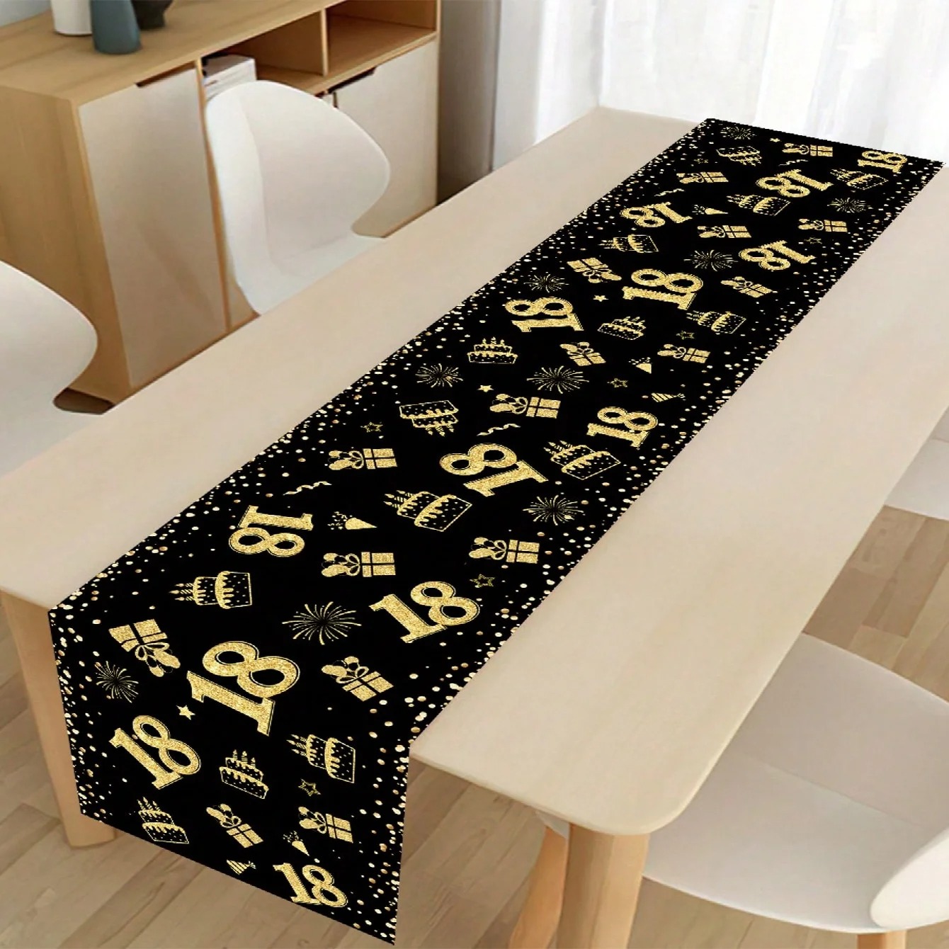 Table Runner Sequin - 18th Birthday Table Runner, Black Gold