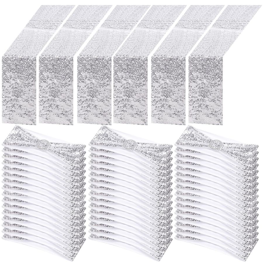 Table Runner Sequin - 54 Pcs Silver Sequin Chair Sashes